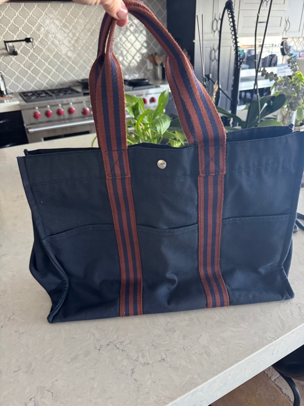 Hermes Navy Canvas Tote with Brown Striped Handles